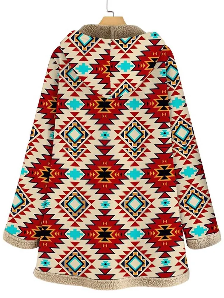 Зимняя Флисовая теплая куртка с капюшоном Женская мода этнический принт длинным