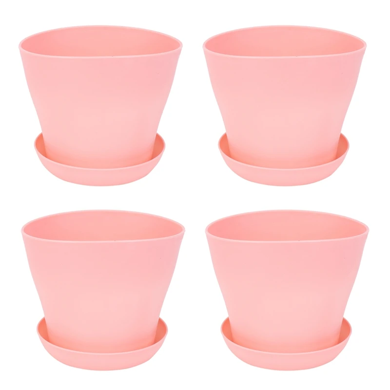 

4X Plastic Plant Flower Pot Planter With Saucer Tray Round Gloss Home Garden Decor, Pink Upper Caliber, 14Cm/5.51 Inch