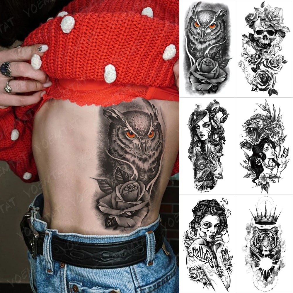 

Waterproof Temporary Tattoo Sticker Owl Rose Lion Tiger Crown Skull Tribal Girl Flash Tatto Arm Body Art Fake Tattoos Women Men