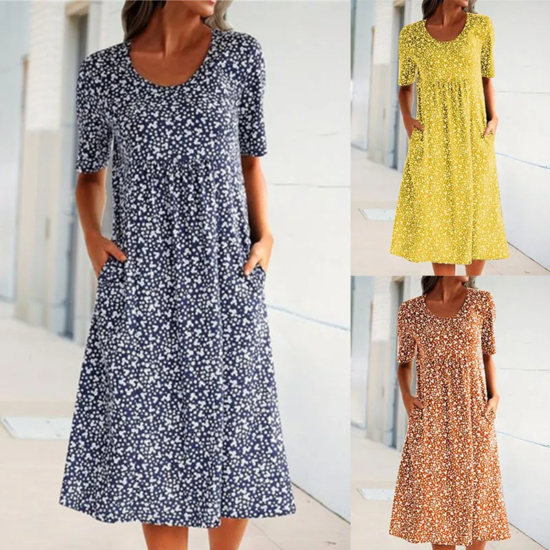

Womens Summer Short Sleeve Print Dress Ladies Beach Boho Midi Sundress Plus Size A-line Dress Vintage Crew Neck Mini Sundress