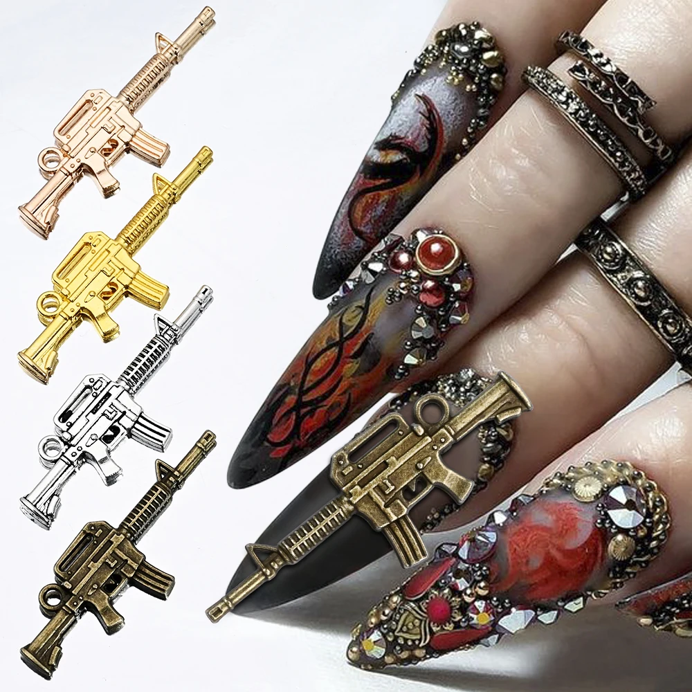 10Pcs Retro Metal Gun Nail Art Charms Silver Gold Alloy Punk Design Nails Charms Manicure Supplies DIY Nail Tips Decoration