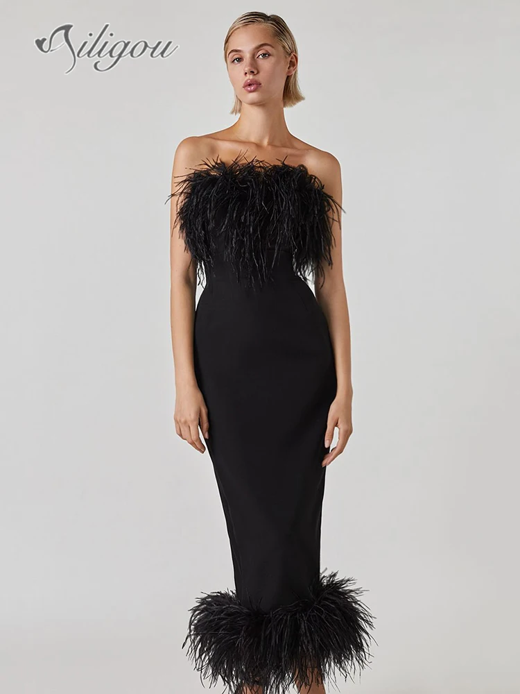 Ailigou Sexy Strapless Backless Feather Black Midi Women Bodycon Bandage Dress 2023 Designer Fashion Party Club Dress Vestido