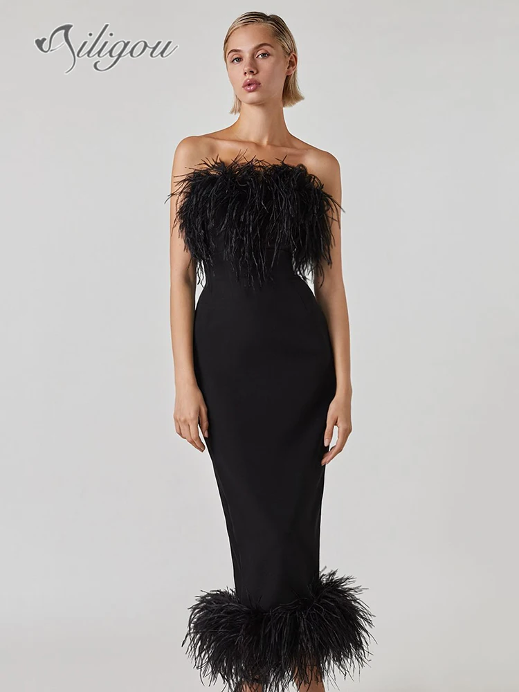 

Ailigou Sexy Strapless Backless Feather Black Midi Women Bodycon Bandage Dress 2023 Designer Fashion Party Club Dress Vestido