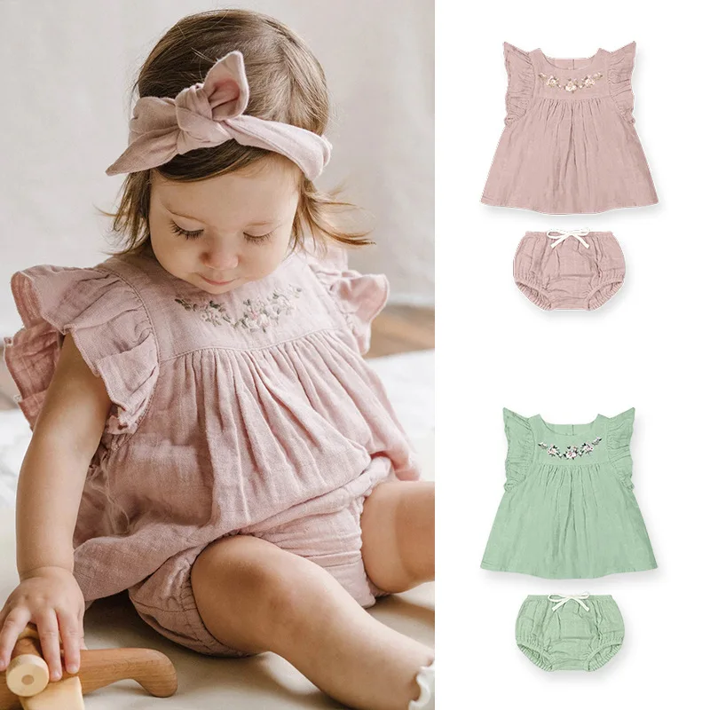 

Baby Girl Embroidery Dress Shorts Suit Set 2023 Summer Pure Cotton Girl Ruffle Flying Sleeve Princess Dress Shorts Two Piece Set