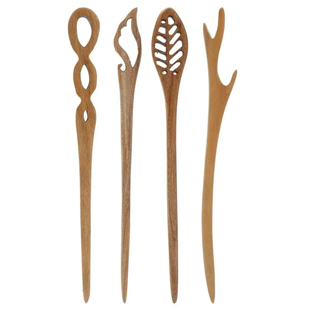 

4 Vintage Retro Hair Sticks Antique Chinese Japanese Wood Long Horn Fork Pen Clips for Bun Chignon
