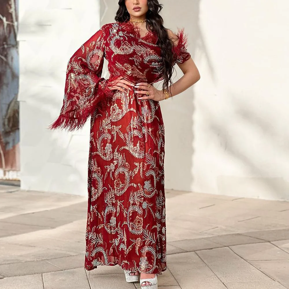 PLEINDI Bohemian Evening Dresses One-Shoulder Long Sleeves A-LINE Ankle-Length Chiffon 2022 New of Embroidery Boho Women Dress