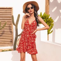 summer women ruffles high waist a line casual sleeveless dress simple v neck floral slip dress 2021 spaghetti strap streetwear
