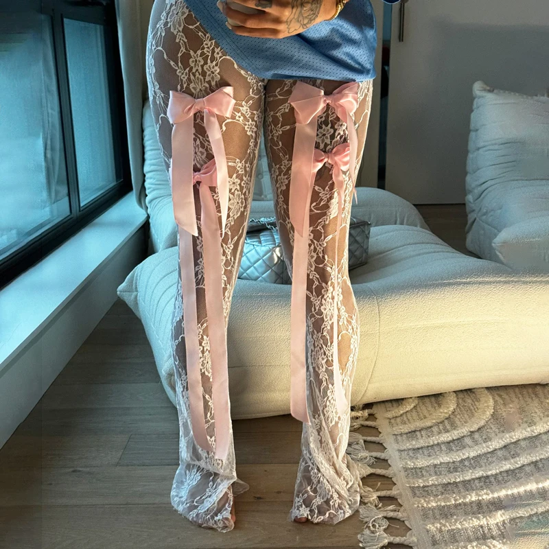 Женские кружевные брюки с завышенной талией и бантом