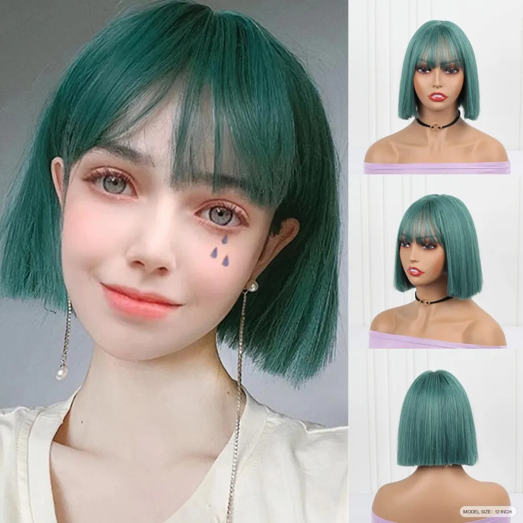 

JOY&BEAUTY Women's Short Synthetic Wig with Bangs Light Green Straight Hair BOB Style Heat-Resistant Wig Cosplay