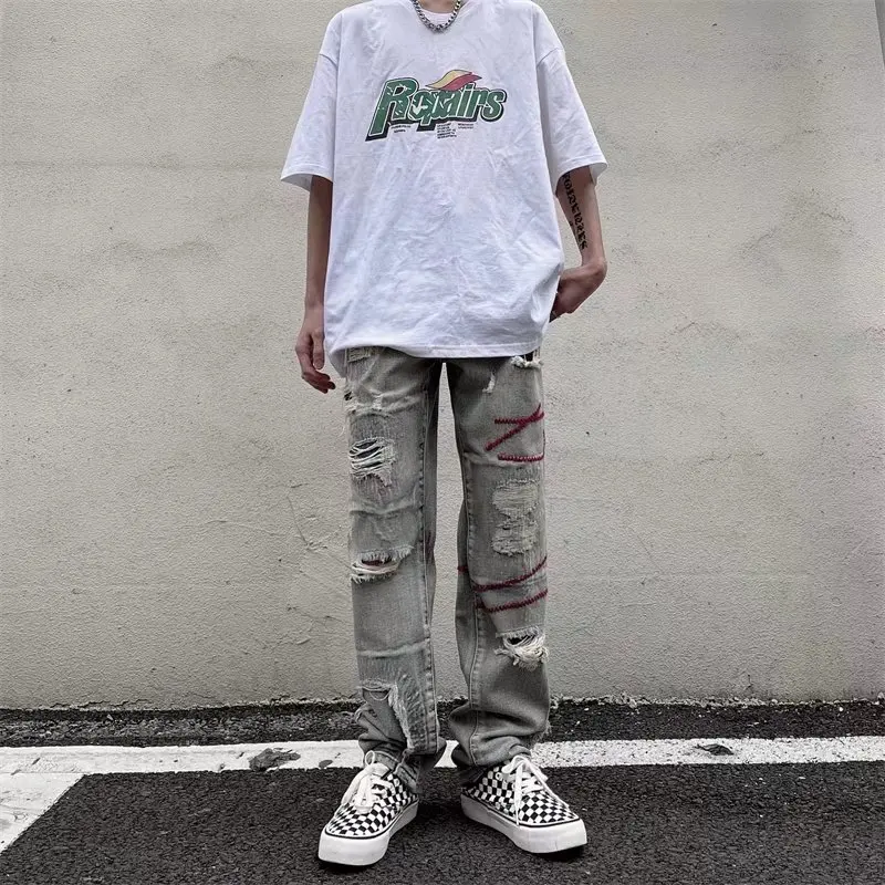 Fashion Men Jeans Hip Hop High Street Ripped Embroidered Men's Pants Fashion Streetwear Y2k Clothes Brand Jeans Jeans Aestethic