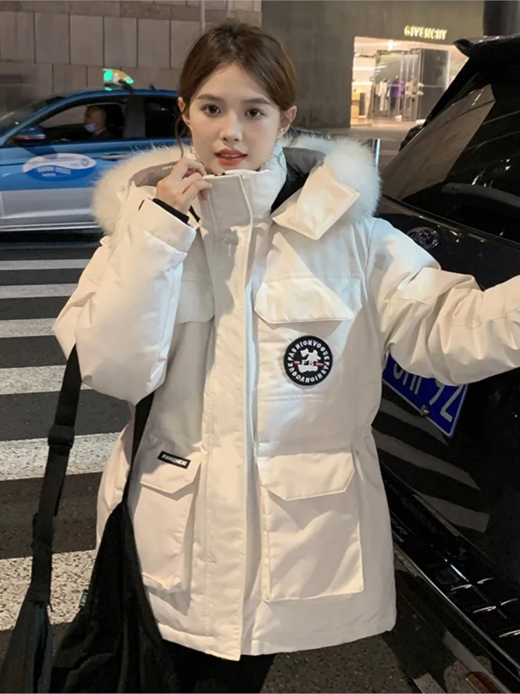 

Новинка, розовые куртки с капюшоном, женские зимние парки, теплая утепленная уличная белая зимняя куртка на молнии, модные пальто в стиле сафари