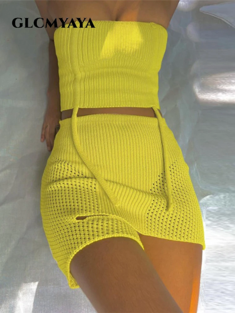 

GLCMYAYA Elegant Ribbed Knit Women Irregular Skirts Shorts Set and Strapless Sweater Crop Top Matching 2 Two Piece Set Outfits