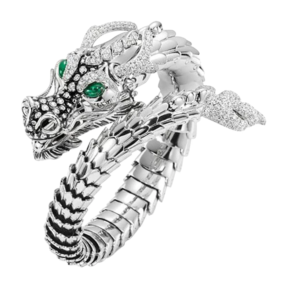 

2022 New Whole Dragon Open Ring for Men Green Eyes Heroic Spirit Silver Color Dragon Hyperbole Male Rings Punk Style Men Jewelry