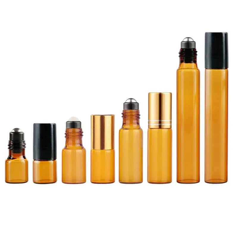 1 2 3 5 10ml Amber Brown Glass Essential Oil Separate Sample Vials Roll-On Bottle with Metal Roller