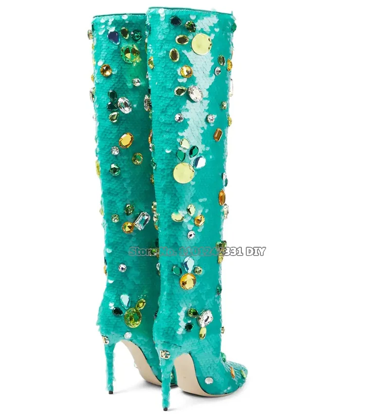 Colorful Gemstone Decor High Heel Knee High Boots Women Turquoise Green Thin High Heeled Pointy Toe Long Bota Feminina