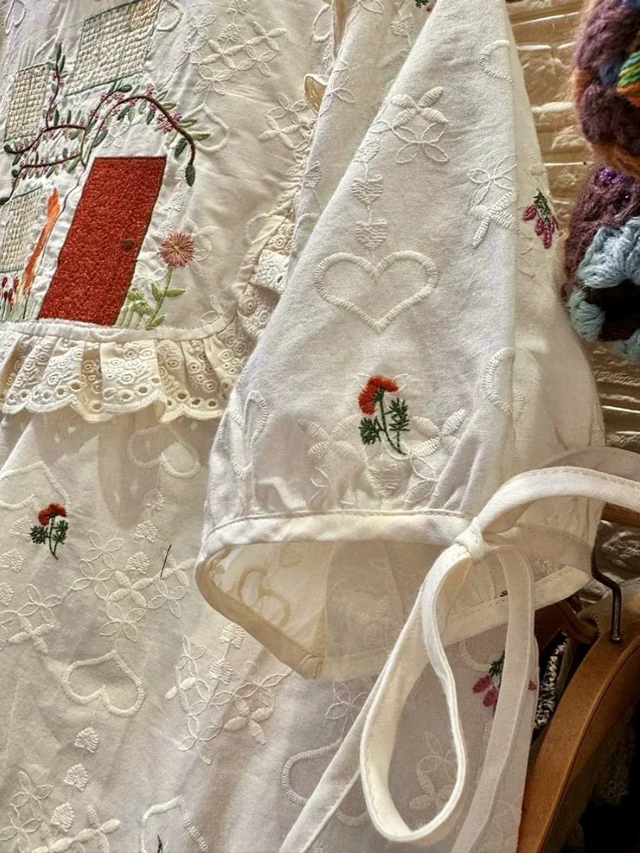 Женская летняя Милая хлопковая блузка с цветочной вышивкой 2024 винтажная