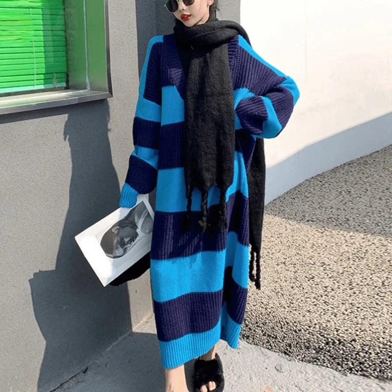 

XUXI Women Knitting Over The Knee Sweater Dress Autumn Winter 2021 Thicken V-neck Pullover Long Sleeve Skirt E4613