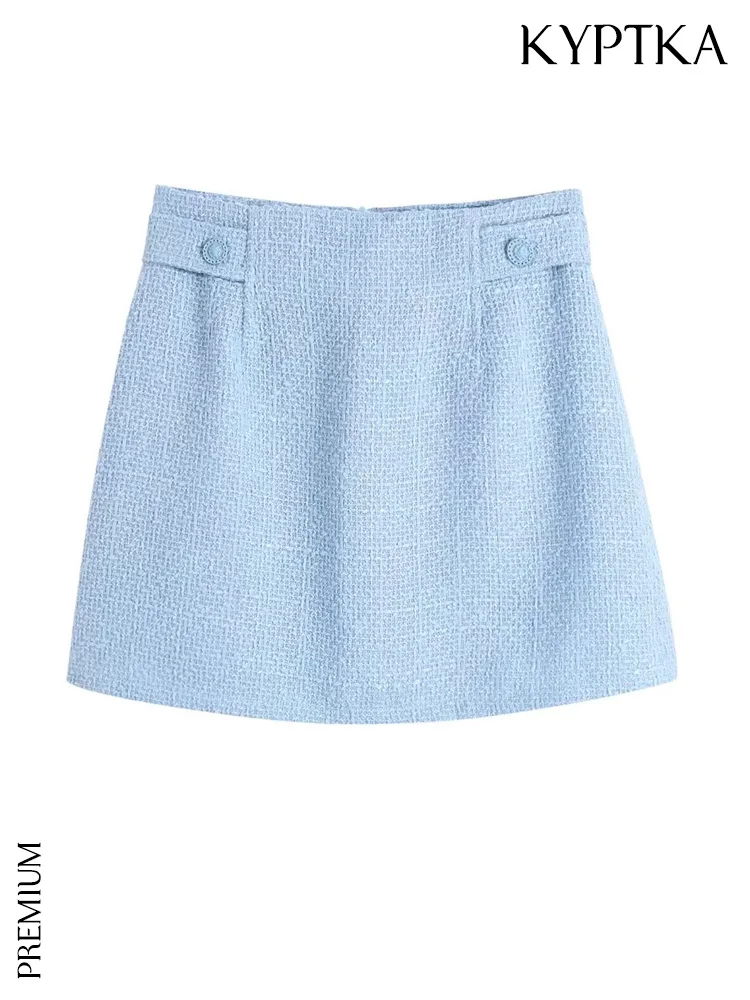 

KYPTKA Women Fashion With Buttoned Tab Tweed Mini Skirt Vintage High Waist Back Zipper Female Skirts Mujer