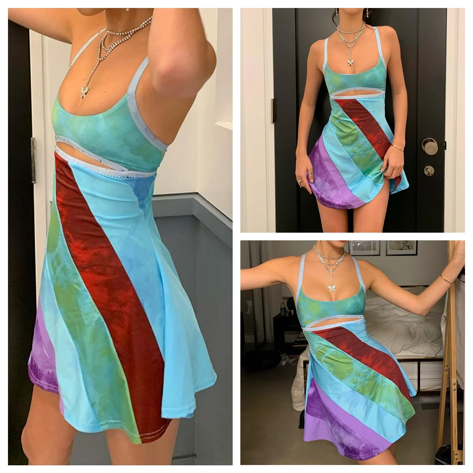 

Women’s Casual Suspender Short Dress Fashion Contrast Color U-neck Hollow A-line Dress