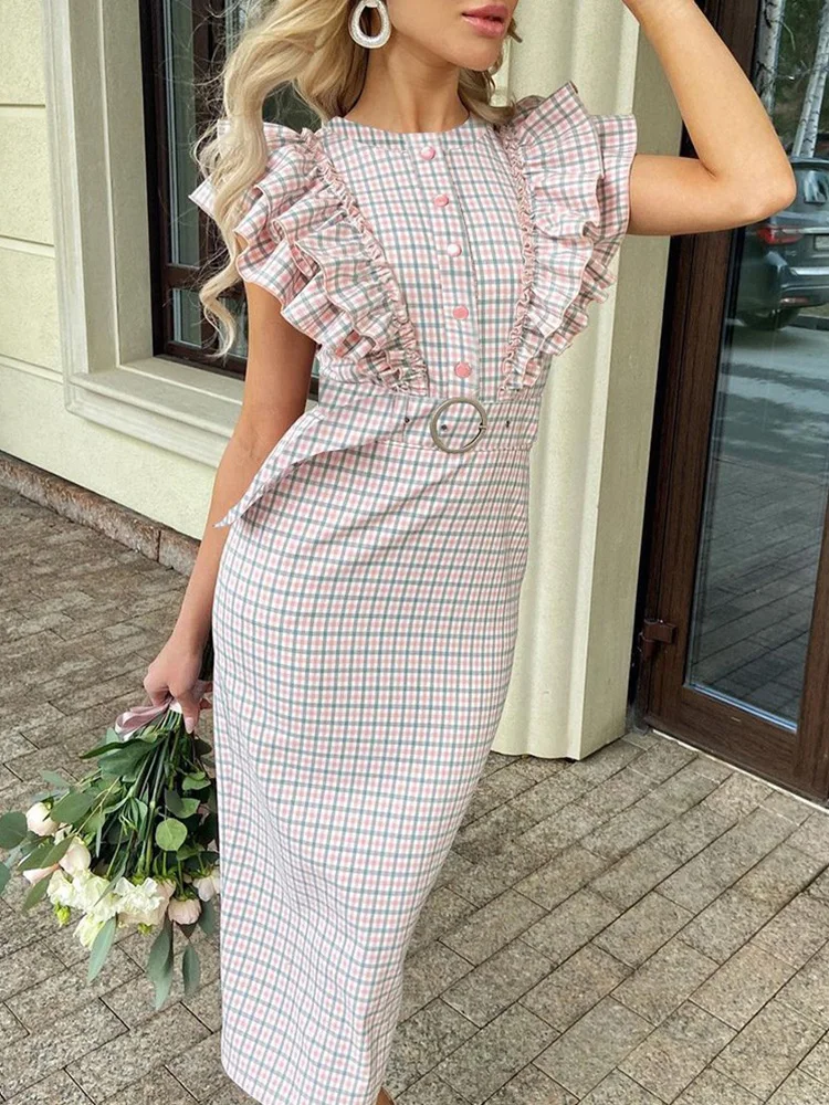 

Ruffles Plaid Print Button Design Casual Dress Women Sweet Mid-Calf Long Dress