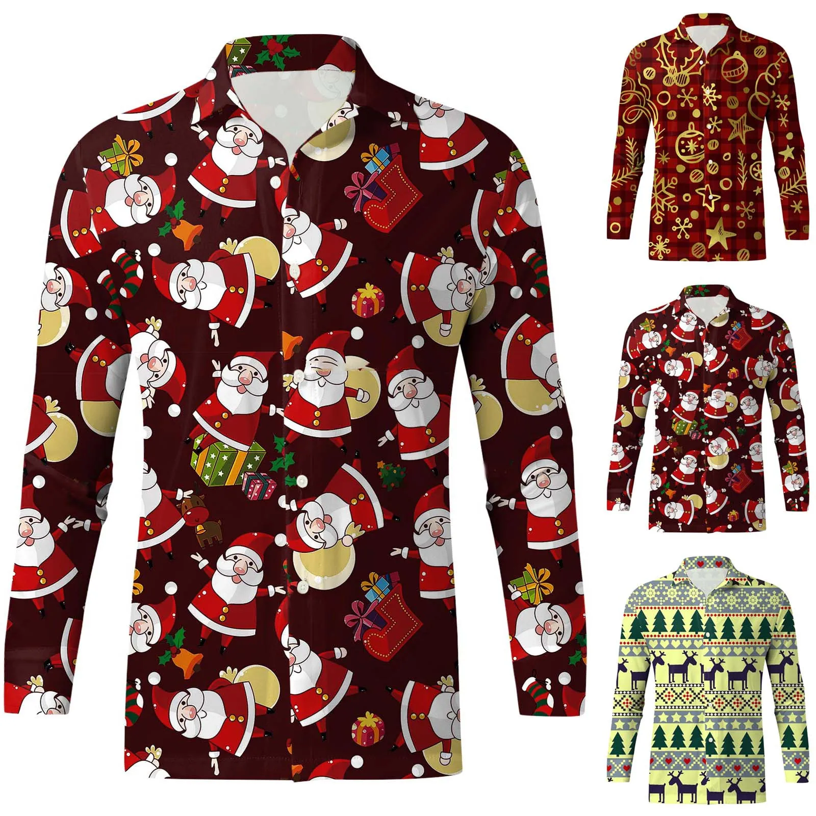 

Men Christmas Shirts Navidad Blouse Autumn Winter Long Sleeve Snowflakes Santa Printed Top Shirts Men's Clothing Chemise Homme