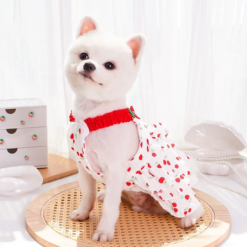 Фото Летнее платье-сарафан для собак Cherry Dog: хлопковая юбка на бретелях для чихуахуа, бишонов, йорков, костюм принцессы для собак, одежда для крупных пород №5