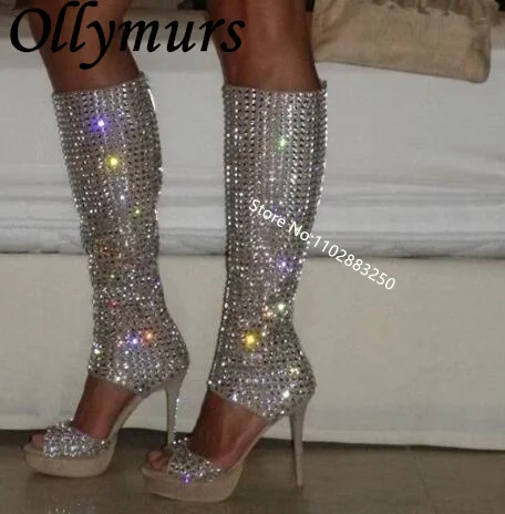 

Ollymurs Fashion Khaki Rhinestone Peep Toe High Heel Platform Summer Sandal Boots Open Toe Thin High Heels Shoes Women