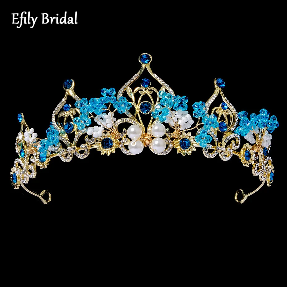 

Efily Blue Wedding Tiara Headband Crystal Pearl Princess Crown Bridal Diadem Bride Headpiece Jewelry Women Hair Accessories