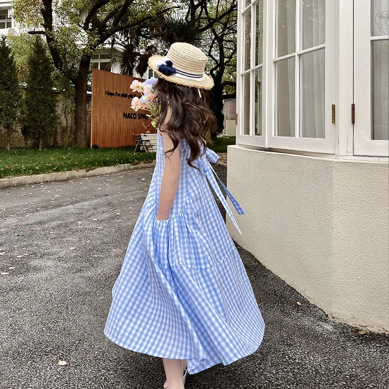 

Teen Girls Sundress Summer Blue Plaid Sweet Elegant Holiday Clothes Pockets Cotton Kids Dresses 8 10 12 13 14 years