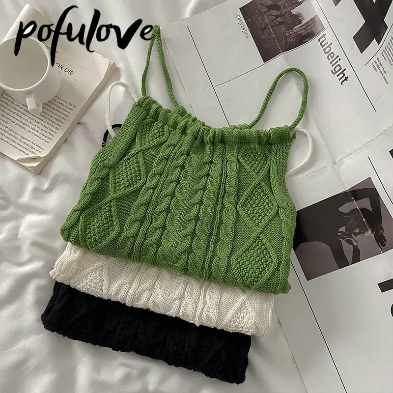 

Backless Tank Top Women Knitted Slim Sling Vest Short Sexy Vintage Summer Strap Sleeveless Solid Color Hot Girl Top Dropshipping