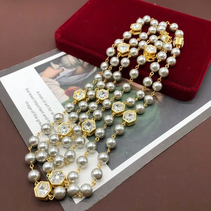 Длинное ожерелье из высококачественного стекла с позолоченным жемчугом