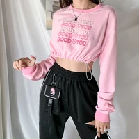 2021 women fashion long sleeve sweet pink letter embroidery all match tops female fall stylish drawstring crop top for ladies