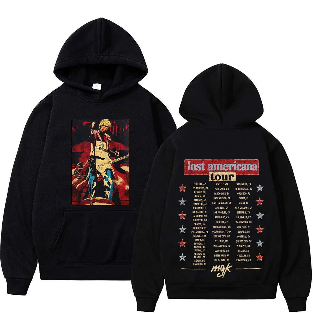 Фото Худи MGK Lost Americana Tour 2026 с принтом, мужские и женские, в стиле хип-хоп и панк, осенне-зимние, повседневные, свободные, винтажные толстовки с капюшоном №1
