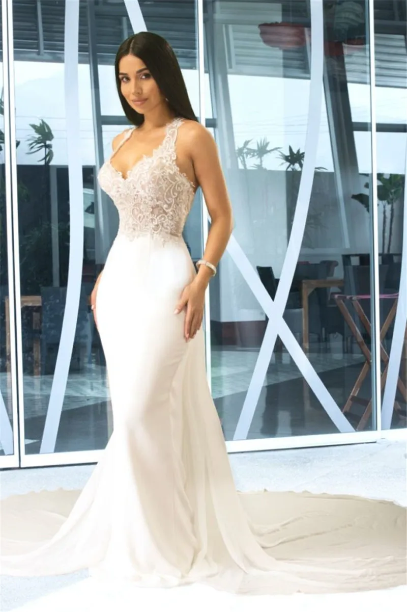 

Classic V-Neck Backless Spanish mermaid wedding dress Modern Illusion Bridal Gown Sweep Train vestido de noiva