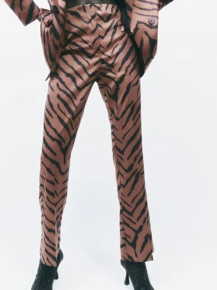 

Kumsvag Women Autumn Satin Flare Pants 2022 Fashion Leopard print Zipper Button Female Elegant Street Boot Cut Pant Trousers