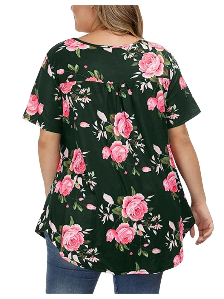 Summer New V-neck Button Large Printed T-shirt plus size women clothing  plus size summer outfits