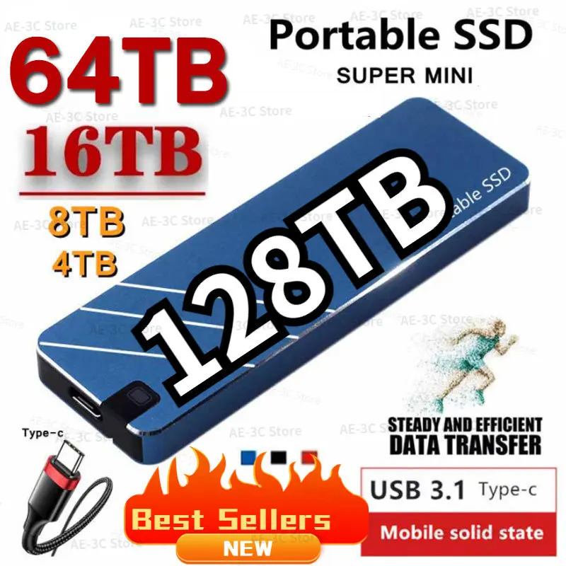 

2023 Mini Portable SSD Type-C/USB3.1 External Mobile Solid State Drive High Speed 128TB 8TB 16TB Hard Drive Laptop Hard Drive
