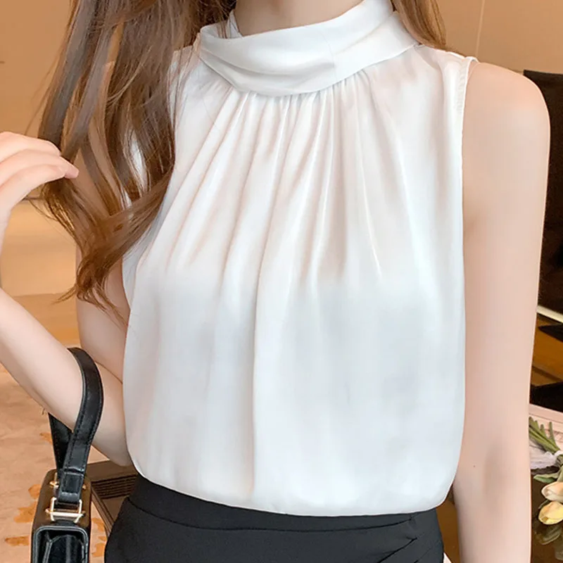 

Sleeveless Chiffon Shirt Women's Summer 2022 Korean Clothing White Turtleneck Loose Tops Bow Tie Vest Spliced Blusa Blouse 1697