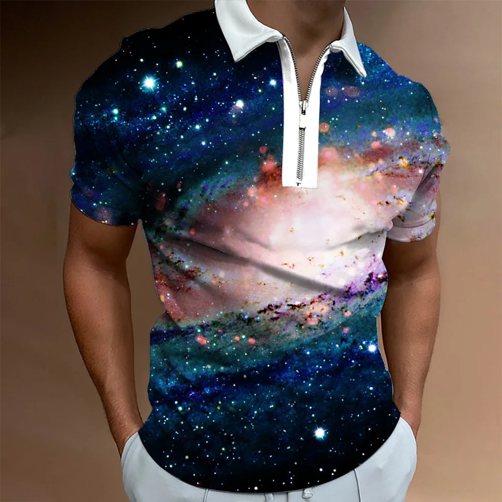 

2022 New Fashion Men's Zip-Up Polo Shirt Beautiful Starry Sky Tops 3D Printed Short Sleeve Summer Lapel Shirt Trendy Streetwear