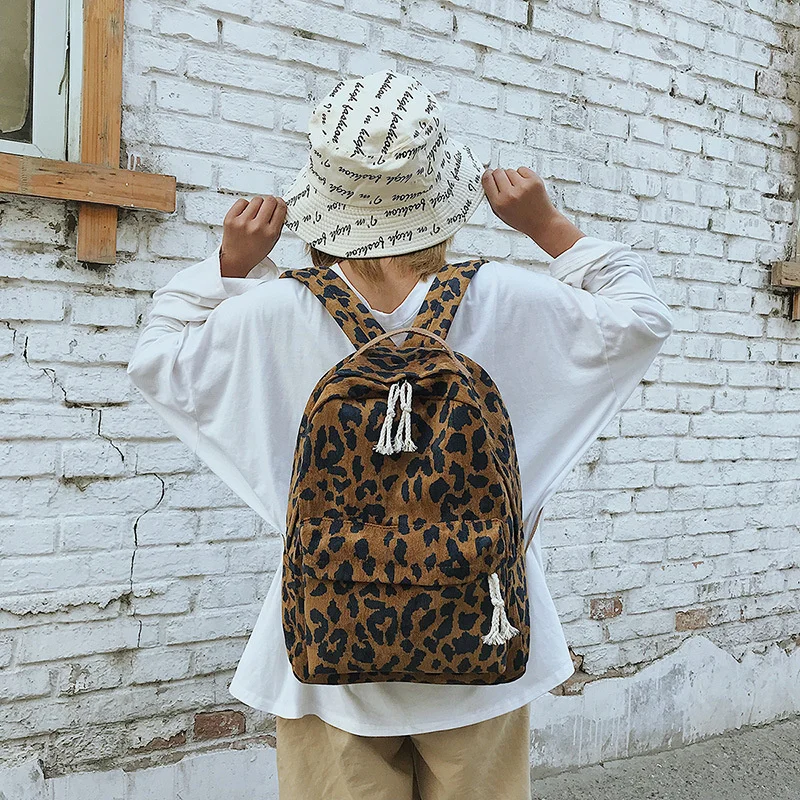 

TRAVEASY 2023 Fashion Women Leopard Print Backpacks Large Capacity Handbag Corduroy Lady Schoolgirls Sac A Dos Adolescent Fille