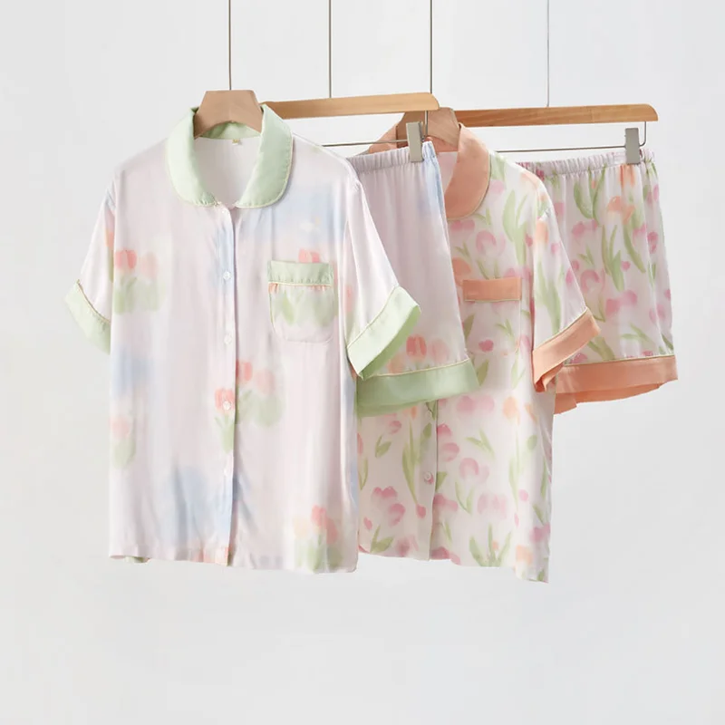 Летний свободный Гладкий пижамный комплект для женщин с розовым принтом