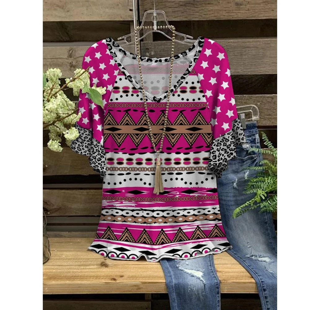 

Women Summer Tops 3D T-Shirt Loose Ruffle V-Neck Vintage Splicing Printing Short Sleeve Casual T-Shirt Summer Streetwear