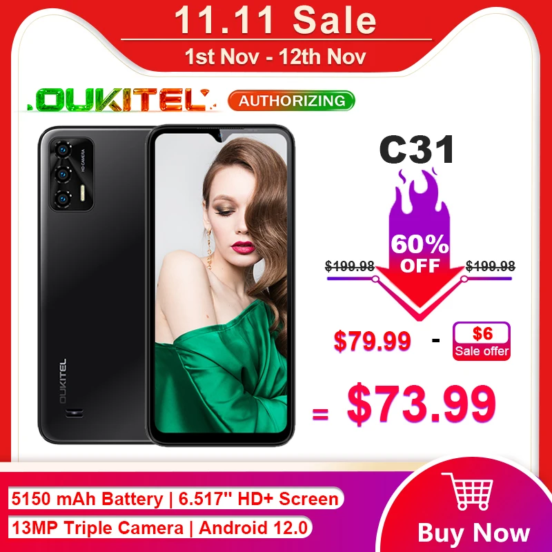 Najtaniej [Światowa Premiera] OUKITEL C31 Smartphone 6.517 ''HD + 3GB + 16GB Telefon Komórkowy 5150mAh 13MP Potrójna Tylna Kamera Android 12 Telefon Komórkowy