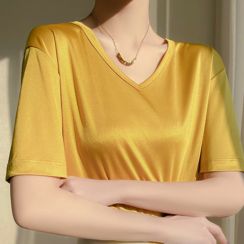 

Women's Summer Tshirt Loose Quick Dry Short Sleeve VNeck Bright Silk Satin Medium Sleeve Bottom Pullover Relaxed and Comfortable