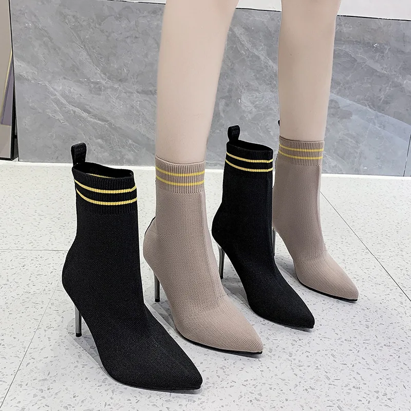 

High Heel Socks Boots Women Stretch Fabric Elastic Stilettos Pointed Toe Ankle Shoes Fashion