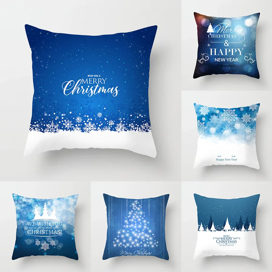 

Home decoration merry christmas blue snowflake santa print pillowcase for living room bedroom sofa 45x45cm funda de almohada