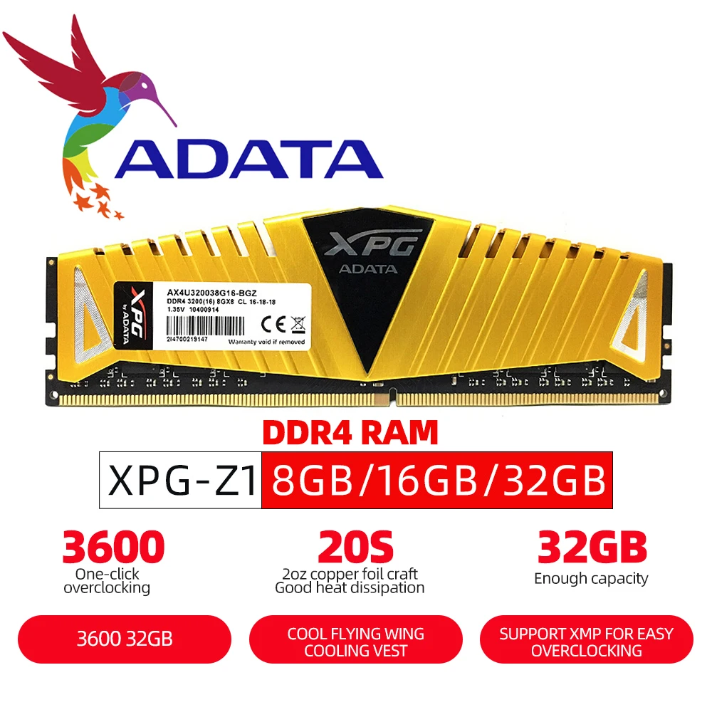 

Память ADATA XPG Z1, ОЗУ DDR4, 8 ГБ, 16 ГБ, 32 ГБ, 3000 МГц, 3200 МГц, 3600 МГц, DIMM, 288 контактов, память для настольного ПК, модуль ОЗУ