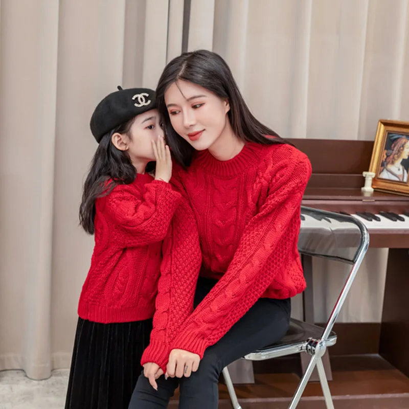 

Mother Daughter Matching Knitwear Clothes Long Sleeve Girls Solid Color Autumn Winter Parent-child Outfit Pullover Sweater H5575