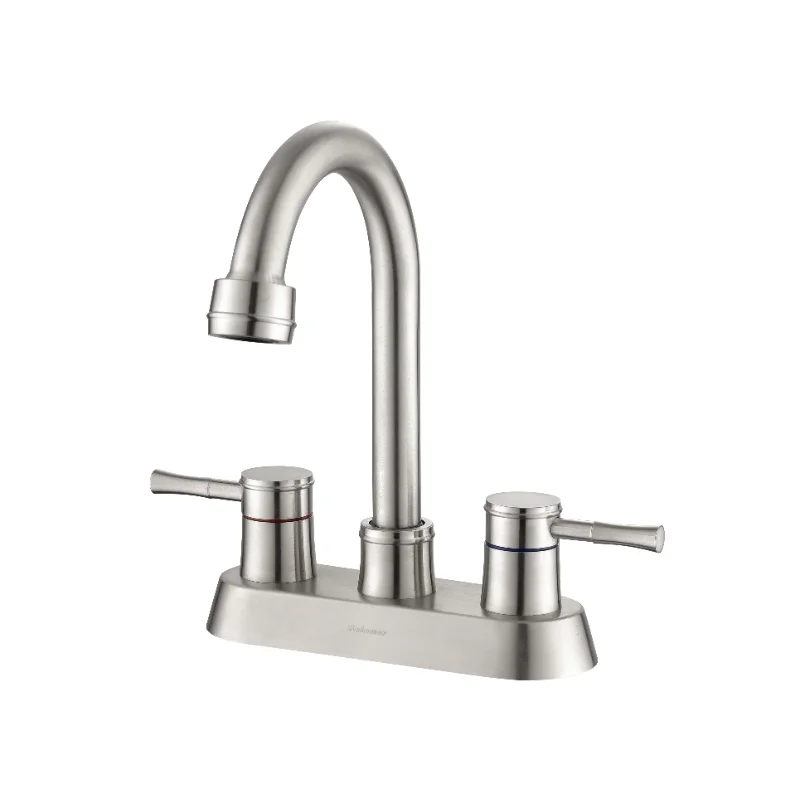 

Brushed Nickel 4 Inch 2 Handle Centerset Lead-Free Bathroom Sink Faucet\ with Copper Pop Up Drain and 2 Water