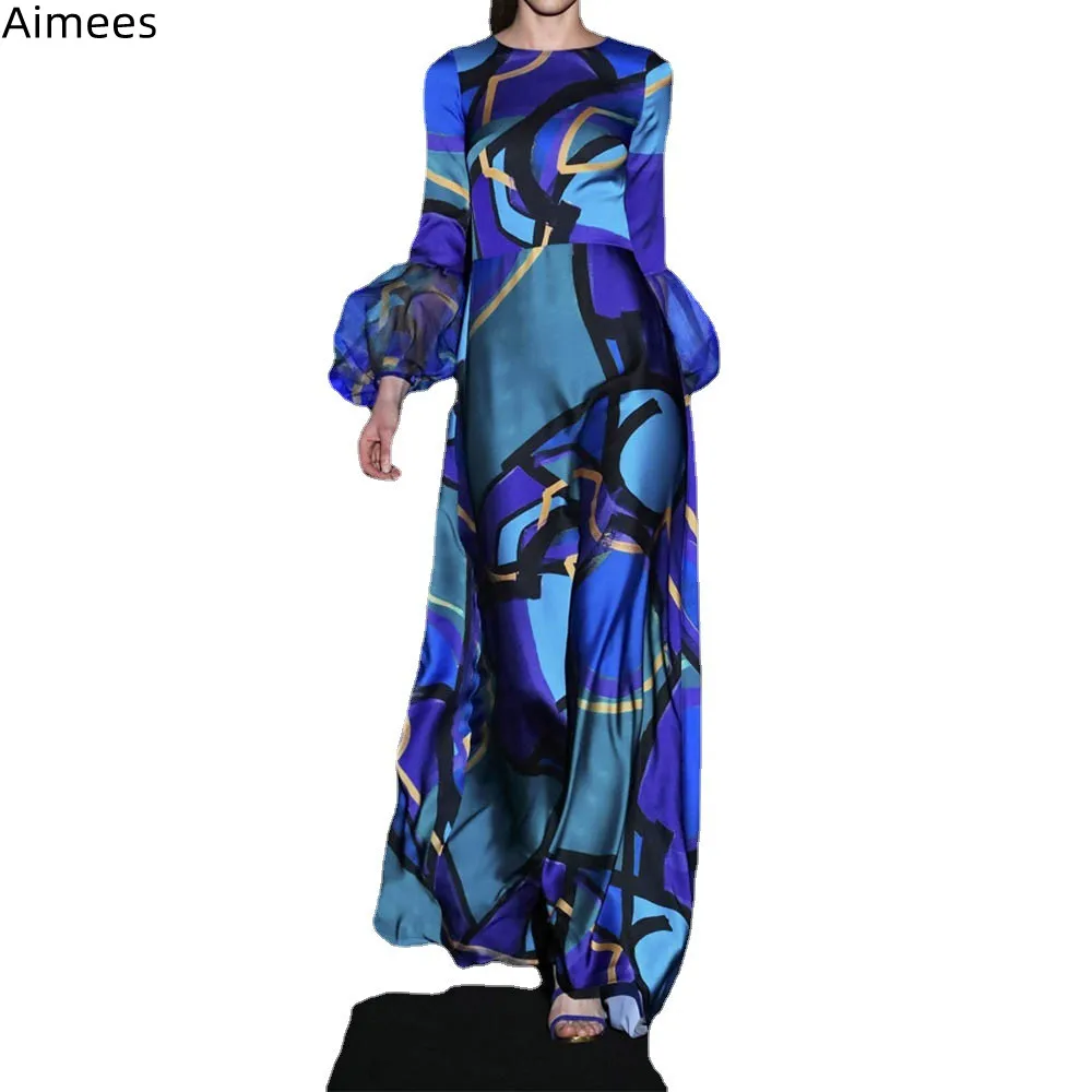 

Женское модельное платье с рукавами-фонариками, синее платье с принтом, повседневные платья для пляжного отдыха, новинка 2023